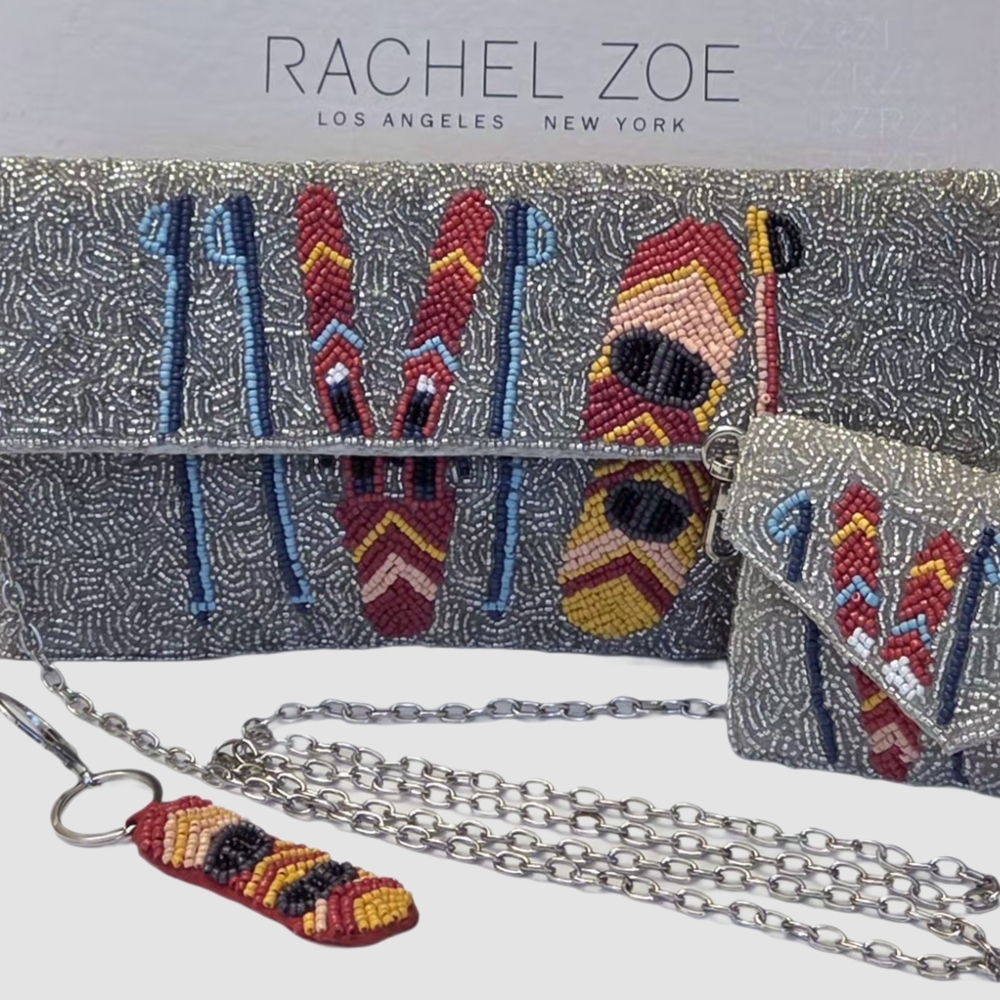 RACHAEL ZOE 3PC Beaded Crossbody Clutch + Card Case + Charm Key Ring NWT